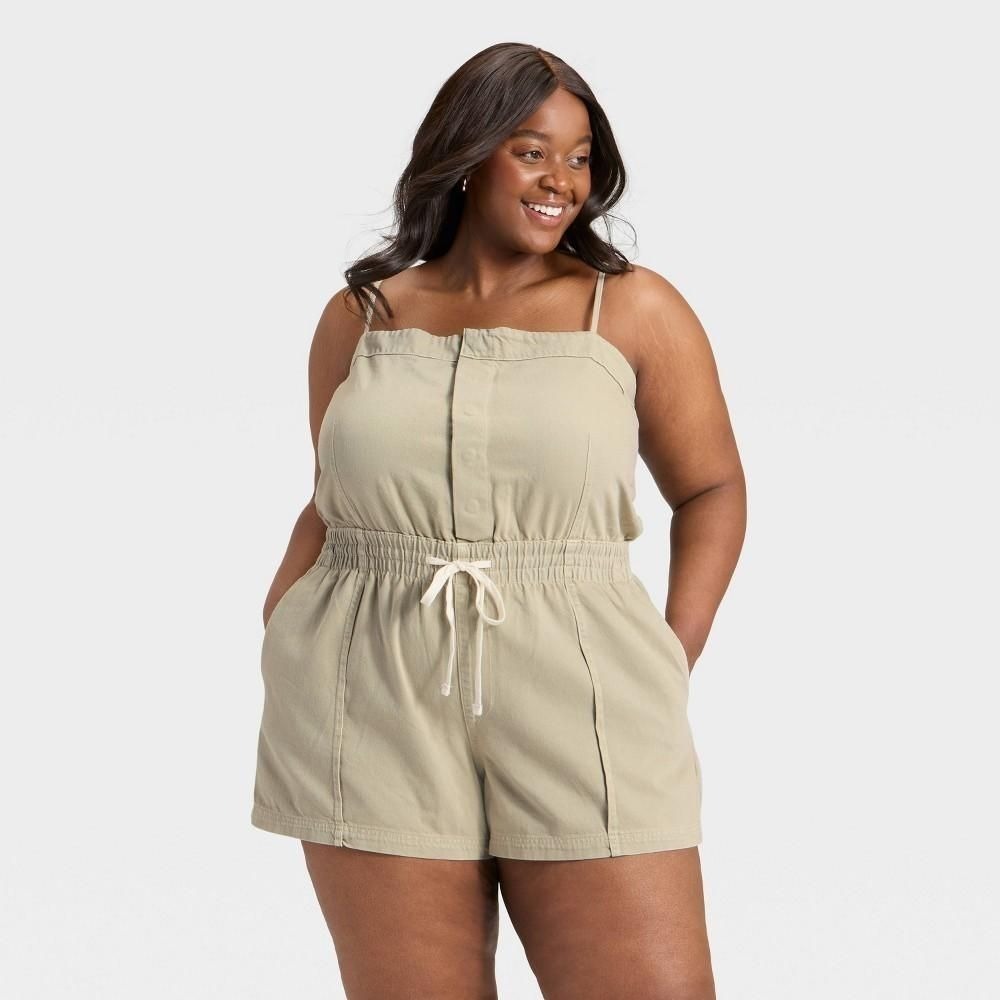 Women's Denim Beach Romper - Universal Thread™ Khaki Green XL